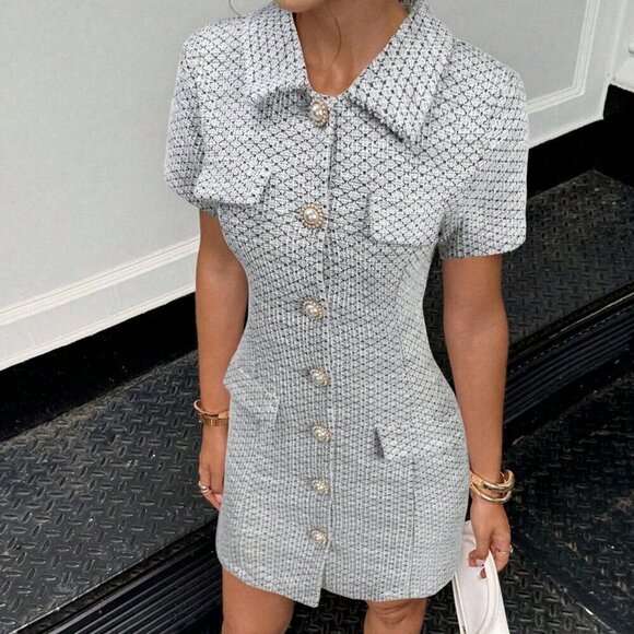 Elegant Women's Black and White Plaid tweed Short Sleeve mini Dress - Picture 6 of 6